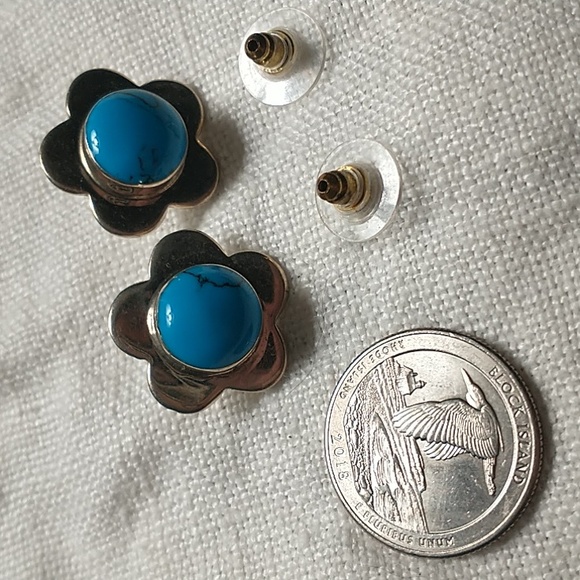 Vintage Mexico Stamped Sterling Silver and Turquoise Earrings - Picture 3 of 3